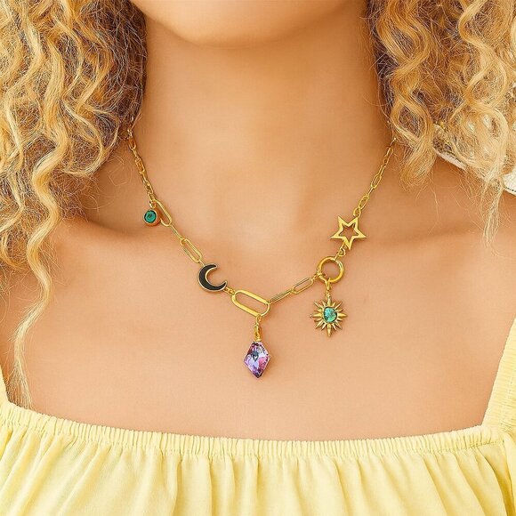 ๐ Boho Celestial Chic 18K Gold Plated Charm Necklace With Star Moon Sun Motifs - Picture 3 of 12